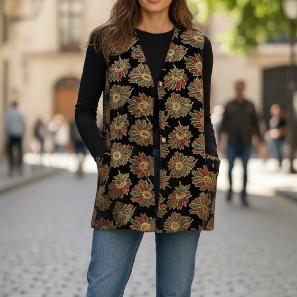 VTG 80s Velvet Jacquard Floral Swing Vest Jacket Coat Boho Gorpcore Christmas M